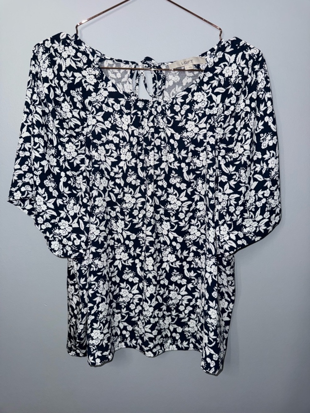 LOFT Navy Floral Tie-Back Blouse